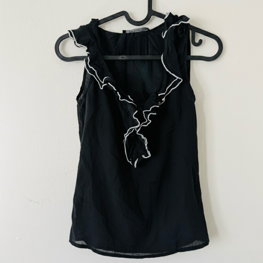 Reserved Black Sleeveless Ruffle Blouse - White Trim - Size 34/US 2 (XS)